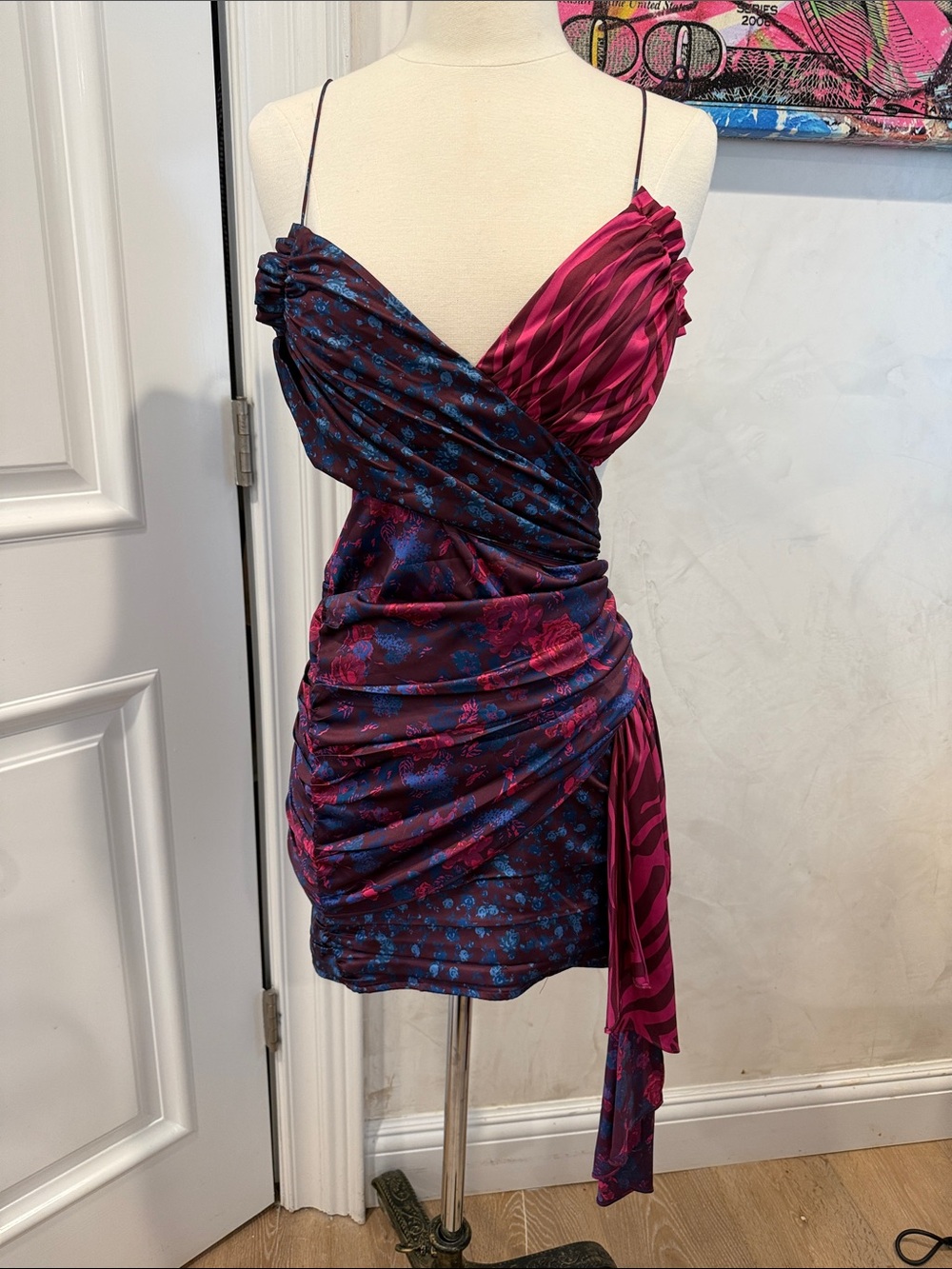 For love and lemons Ruched Satin Spaghetti-Strap Mini Dress in Fuchsia and Navy